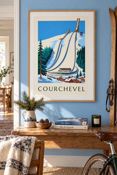 Plakat af Courchevel med skihoppene ved Le Praz i snevejr : indrammet på væggen