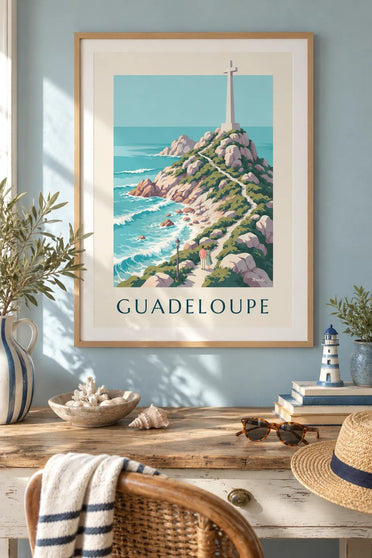 Plakat Guadeloupe Pointe des Châteaux med kors : indrammet på væggen