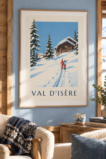 Plakat med Val d'Isère og skiløbere i sneen : indrammet på væggen