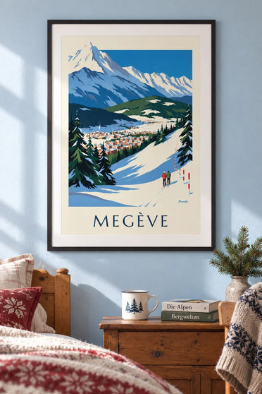 Plakat af Megève med pisterne mod Mont-Blanc : indrammet på væggen
