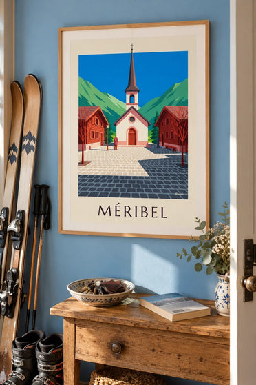 Plakat med Méribel og det lyserøde kapel : indrammet på væggen