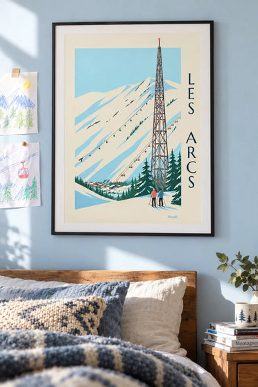 Plakat med Les Arcs, Arc 1600 og skiløjperne : indrammet på væggen