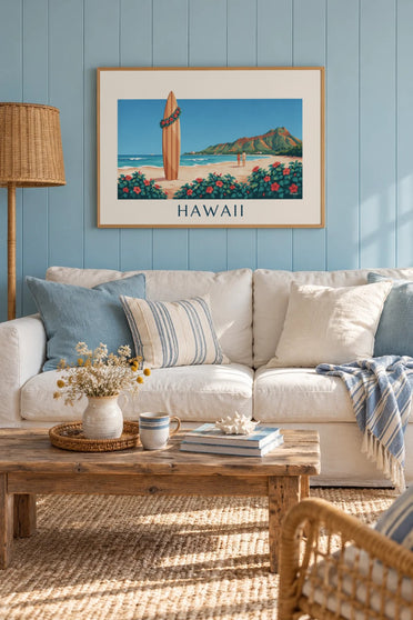 Plakat med surfbræt og hibiscus foran Diamond Head, Hawaii: indrammet på væggen