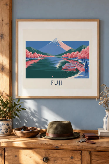 Plakat med Fuji-bjerget, kirsebærblomster og både ved anløbsbroen: indrammet på væggen