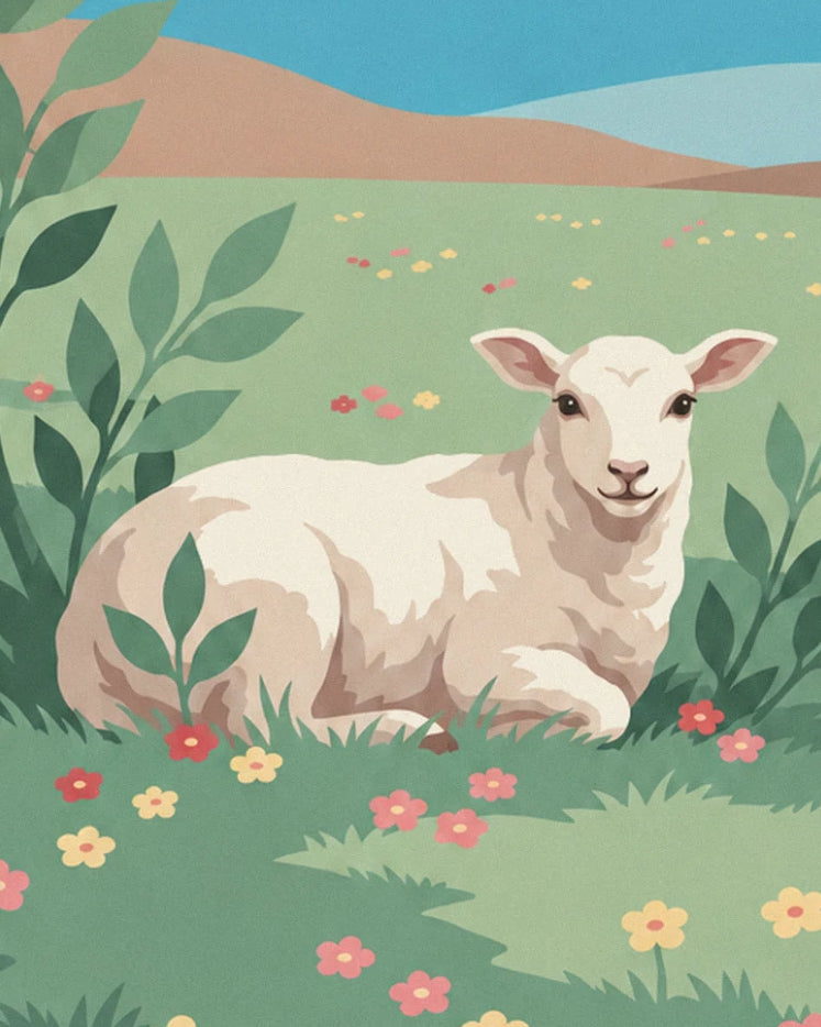 Le petit agneau blanc couché dans l'herbe, entouré de fleurs roses et jaunes