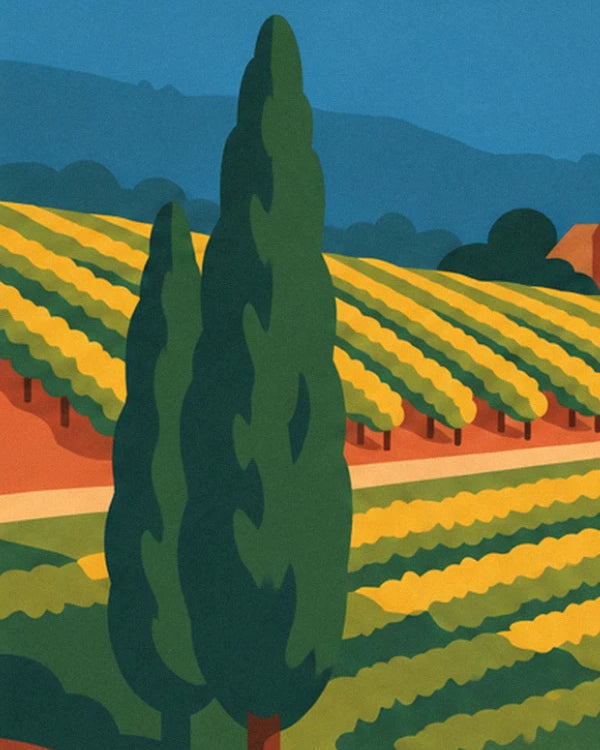 The 2 tall dark cypresses among the terraced vineyards, with blue hills in the distance