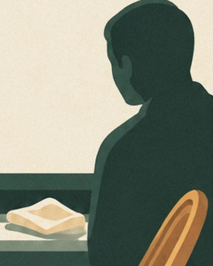 La silhouette sombre d’un homme assis au bistrot, près d’une serviette pliée