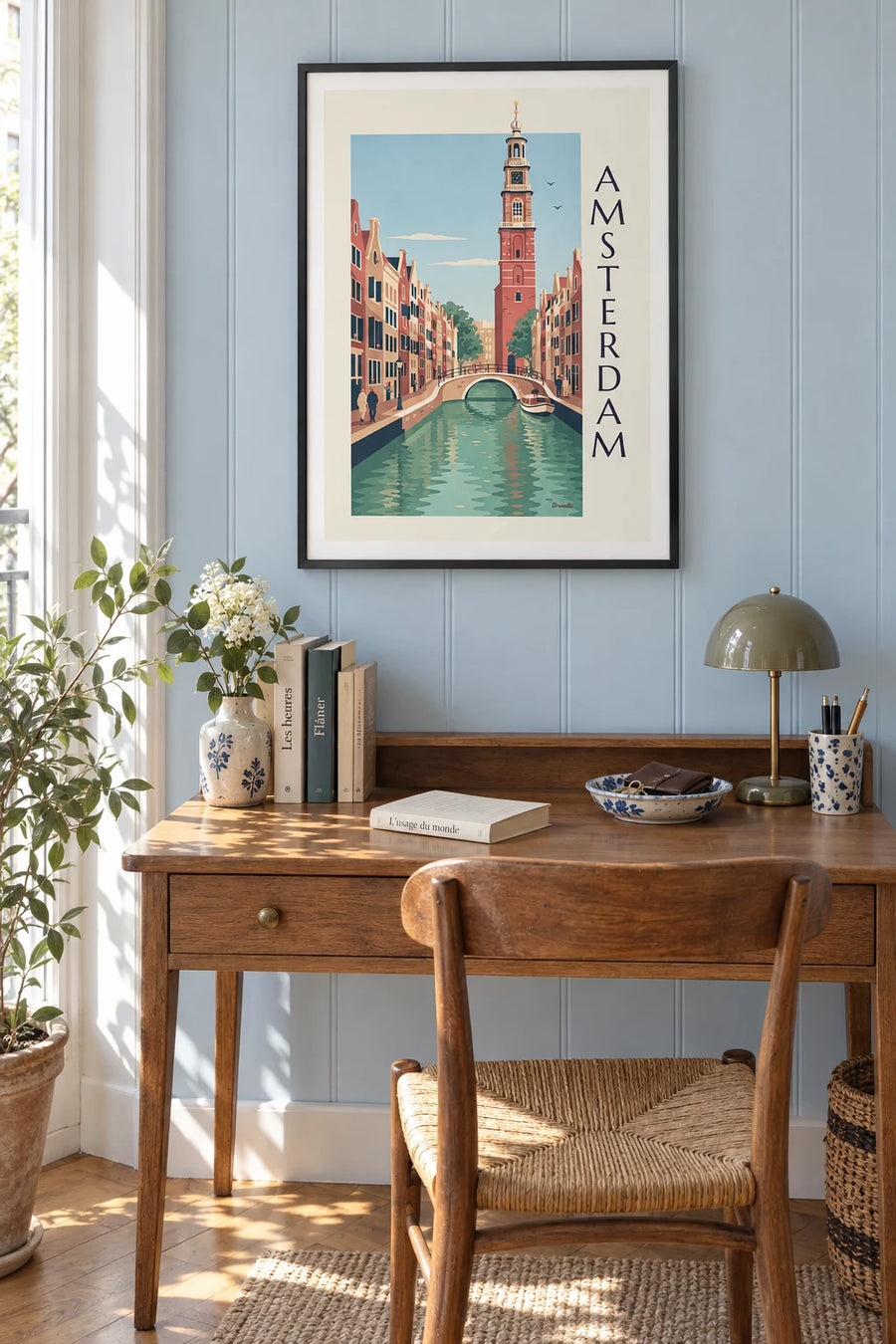Amsterdam canal, gabled houses and bicycles on the bridge poster: framed on the wall