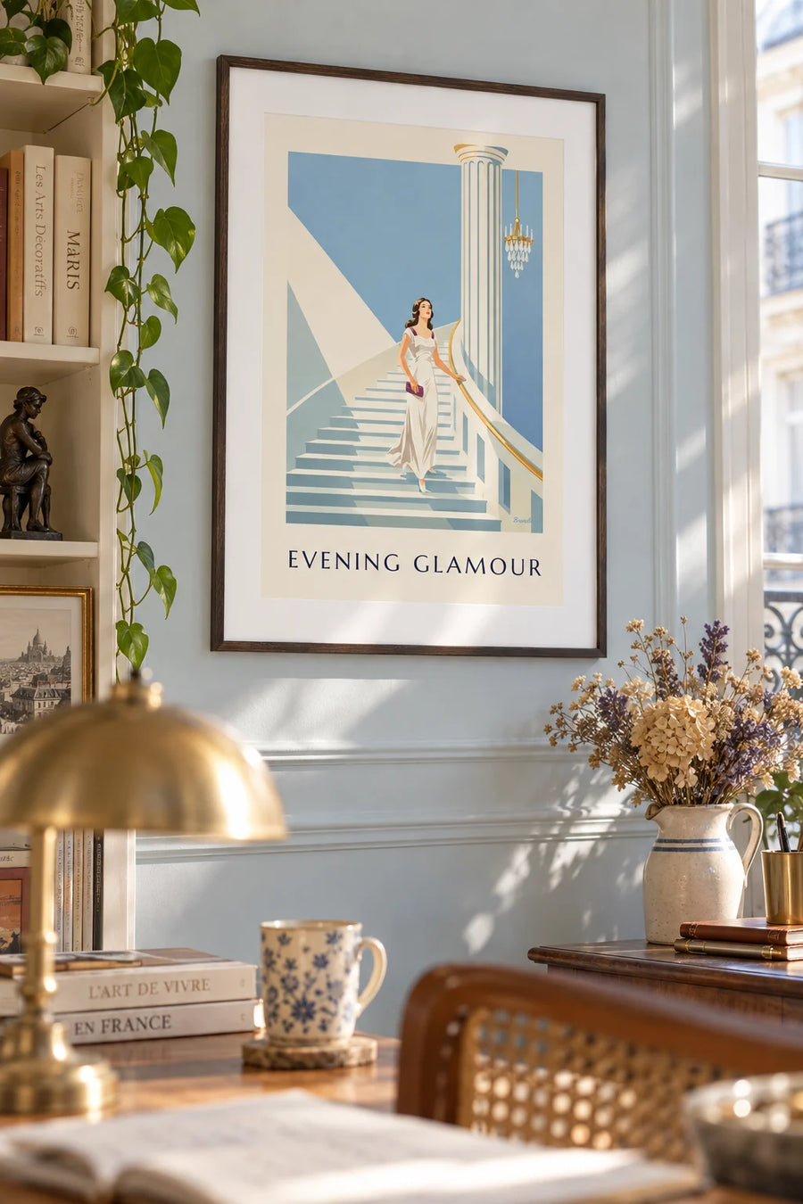 Woman in an evening gown on a grand staircase poster: framed on the wall