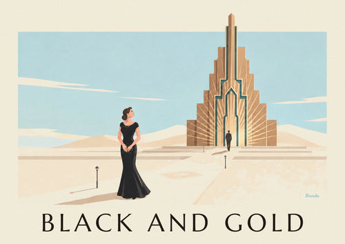 Affiche femme glamour en robe noire et bijoux dorés : l'affiche entière