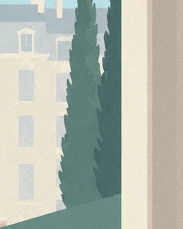 Des cyprès vert sombre entre une façade aux fenêtres pastel et un mur crème