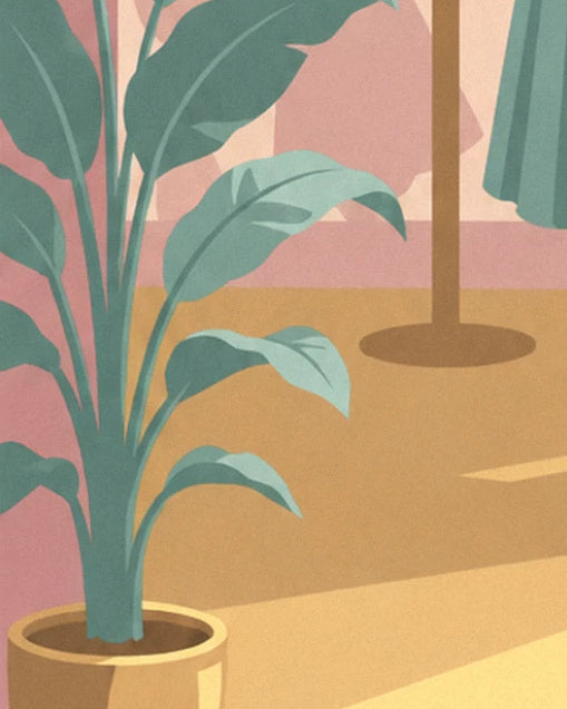 Une plante aux larges feuilles vertes dans un pot ocre, près d’un portant à vêtements