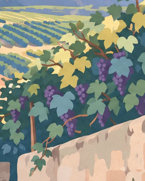 Les grappes de raisin violet parmi les feuilles vertes et jaunes, au-dessus du muret