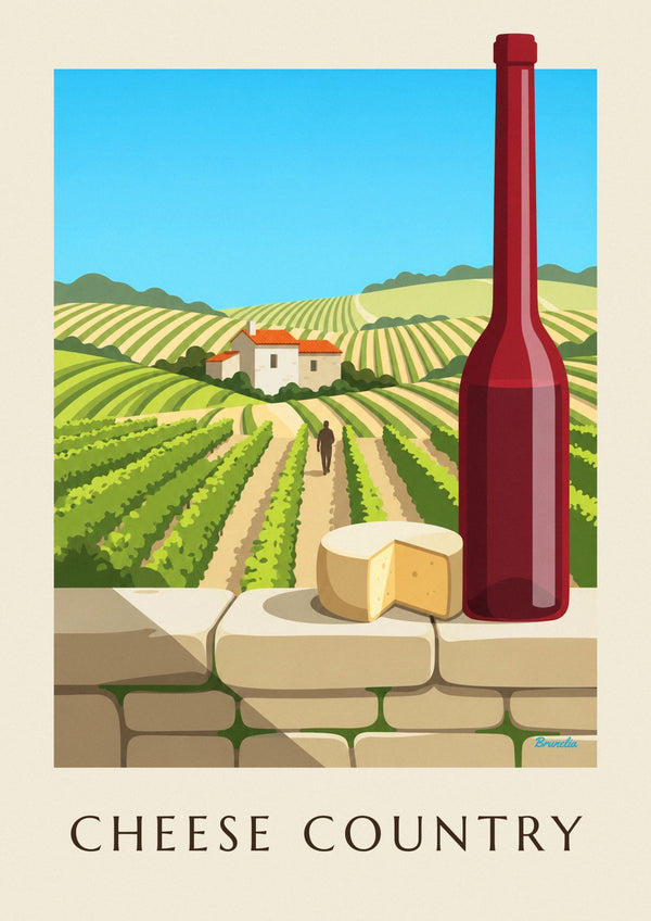 Affiche fromage fermier et vin rouge devant les vignobles