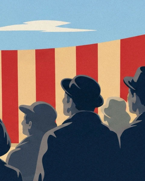 Spectators seen from behind with their hats, in front of the striped canvas of the big top
