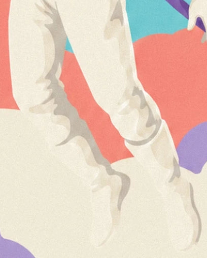 The astronaut’s legs in an ivory suit among coral and mauve nebulae