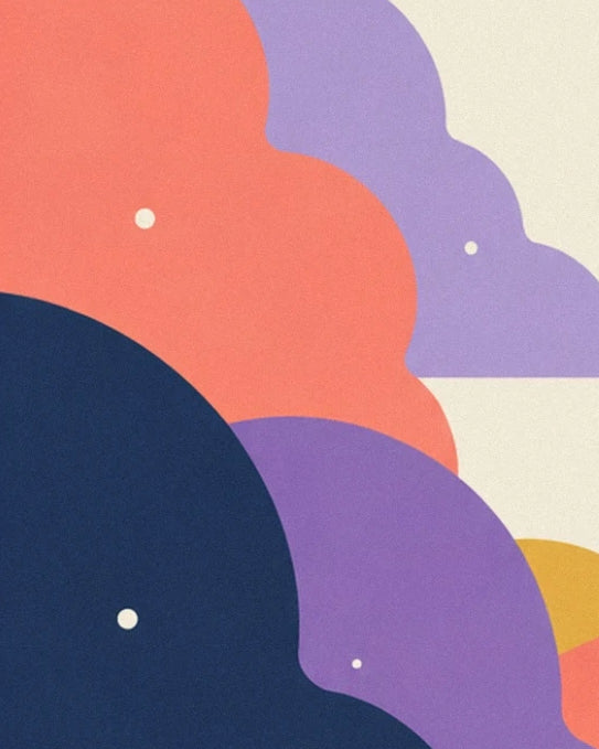 Coral, mauve and midnight blue nebulae dotted with tiny pale specks