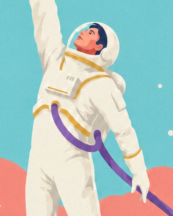 The astronaut in a white suit with gold trim, with a purple hose against a turquoise background