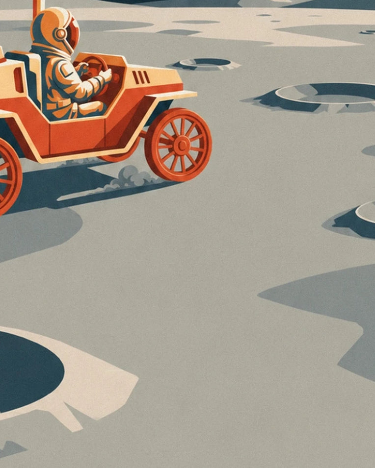 Lunar rover among Moon craters poster: close-up detail