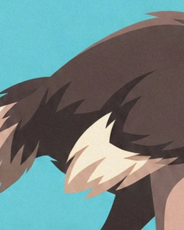 The ostrich’s brown, black and cream plumage against a turquoise background