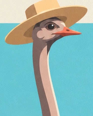 The ostrich’s head with its orange beak beneath a wide straw-coloured Panama hat