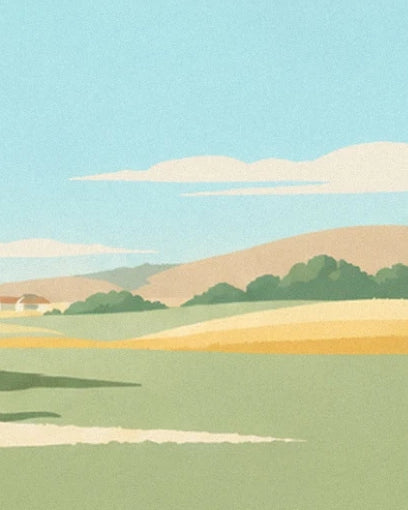 Golden hills, green groves and a small farm beneath a clear sky, beside the airfield