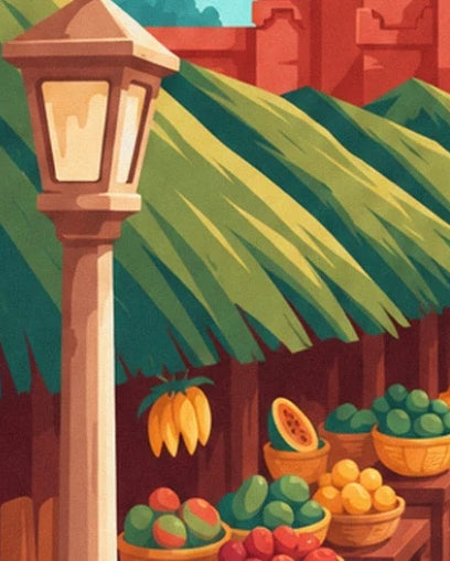 Une lanterne devant l’étal de fruits colorés et son toit de palmes à Bali