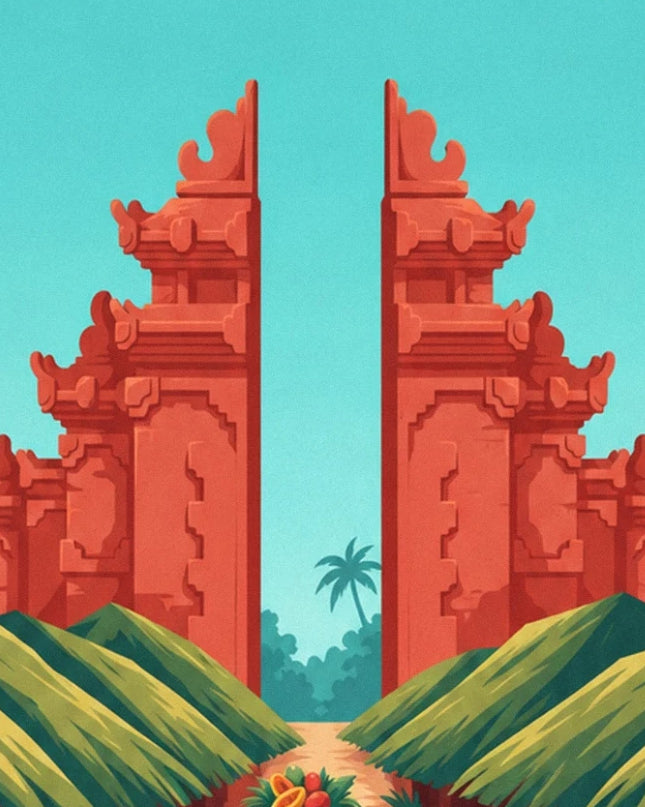 La porte de temple balinais en briques rouges, entre les toits verts et le ciel turquoise