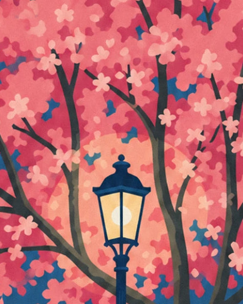 The lit lantern glowing among the flowering cherry branches