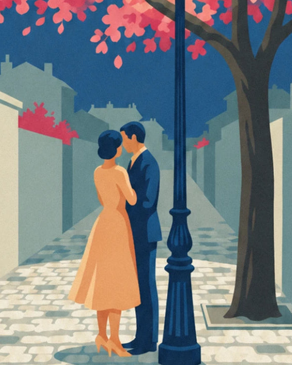 The couple embracing beneath the blue street lamp, the woman in an orange dress, on the cobbles