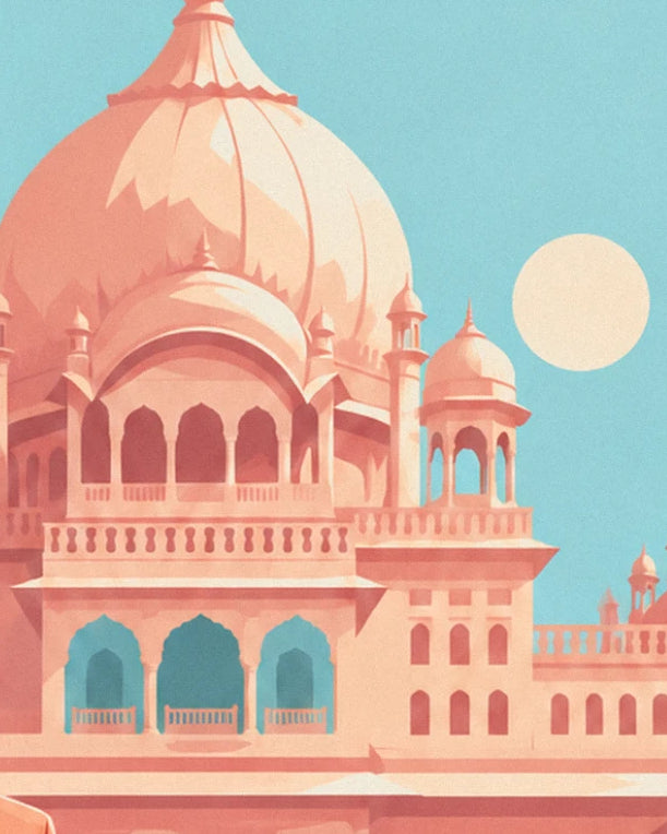 The palace's large pink dome and blue arcades, beneath a turquoise sky and pale sun