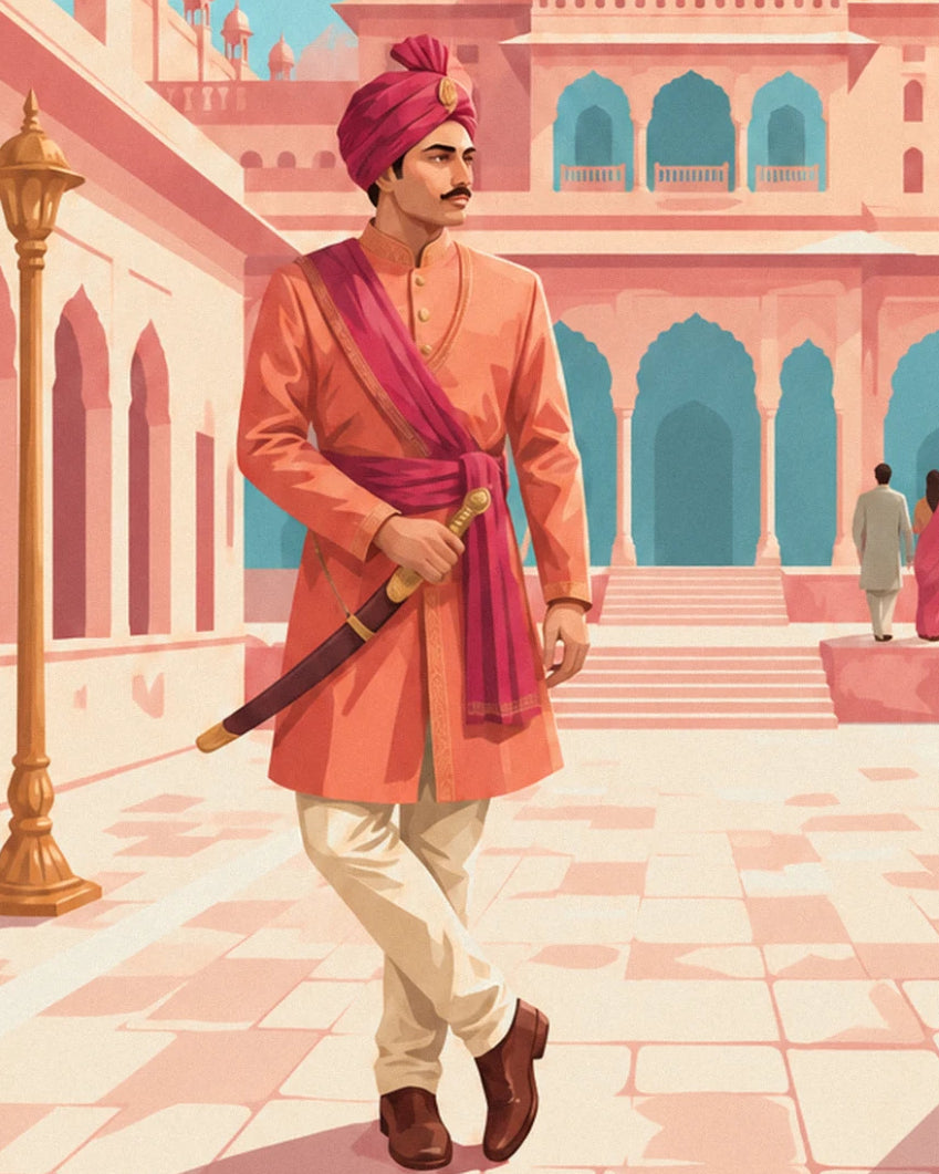 The moustached hero in a pink turban and orange jacket, sabre in hand, in the palace courtyard
