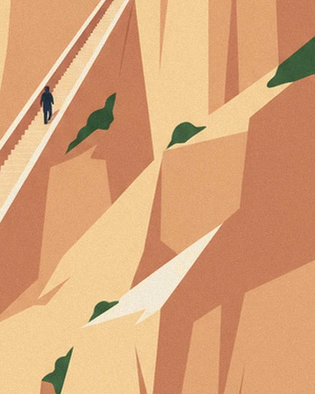 A tiny walker on the steps climbing the ochre cliff, dotted with green tufts