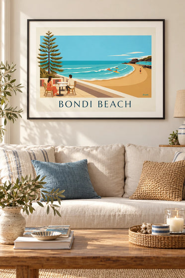 Plakat med café på terrassen overfor Bondi Beach i Sydney: indrammet på væggen