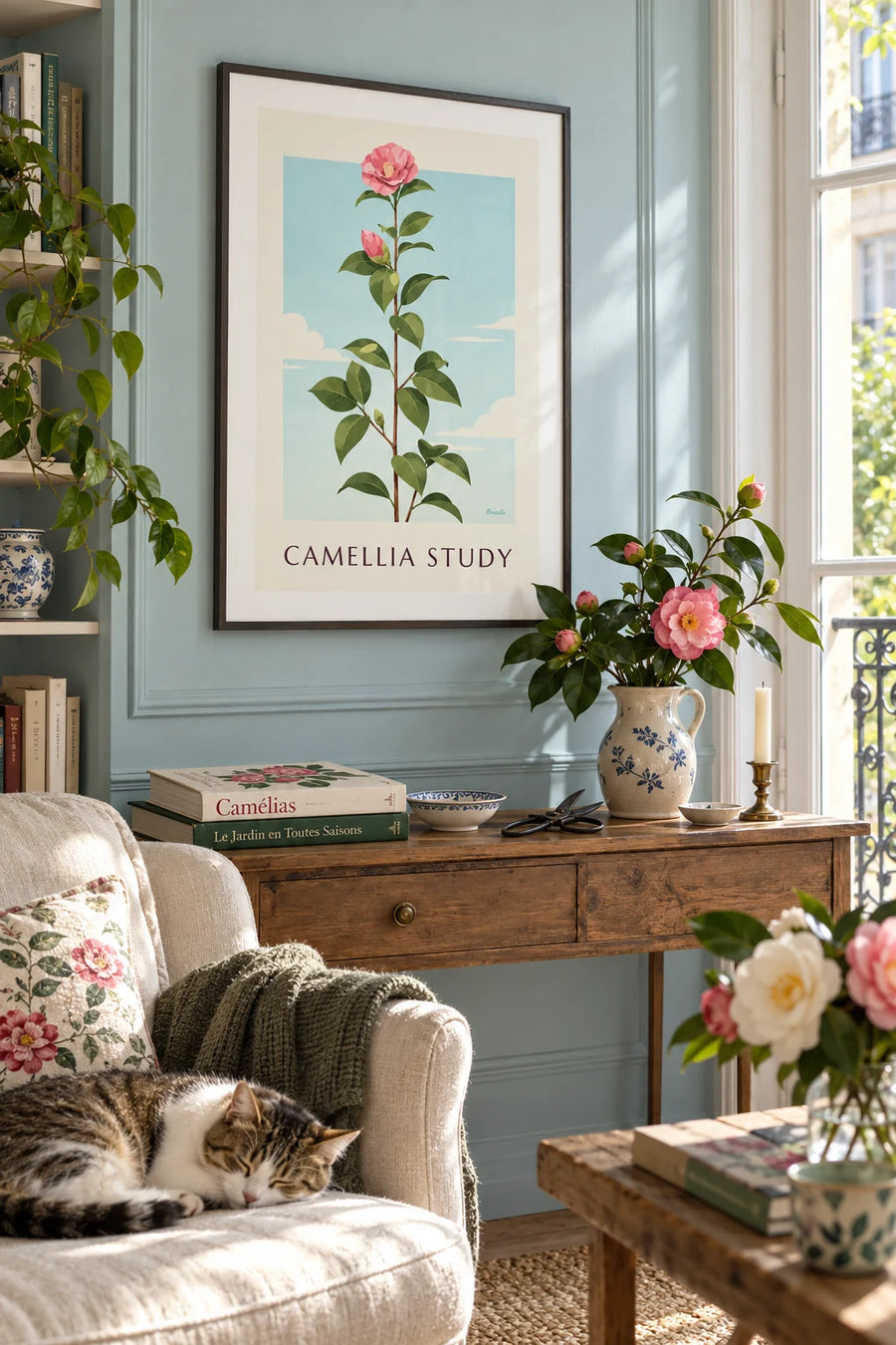 Botanical plate poster of a pink camellia in bloom: framed on the wall