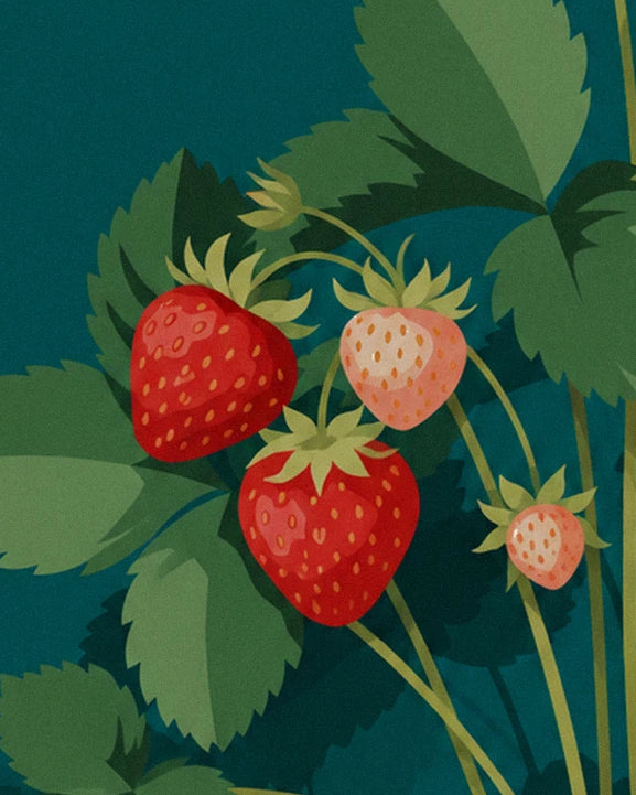 The 2 red strawberries and pale pink strawberry, among the serrated leaves
