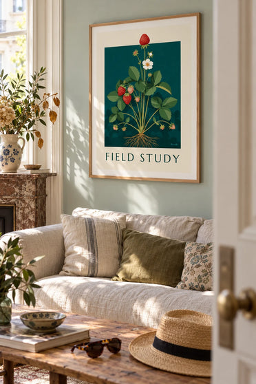 Plakat med botanisk tavle af jordbærplanten med blomster og rødder: indrammet på væggen
