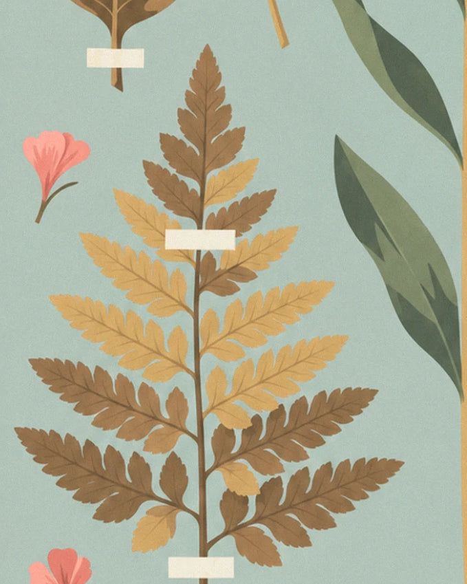 A dried fern frond with brown and golden leaflets, held by 2 paper tabs
