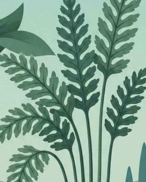 Deeply cut dark green fronds against a pale green background