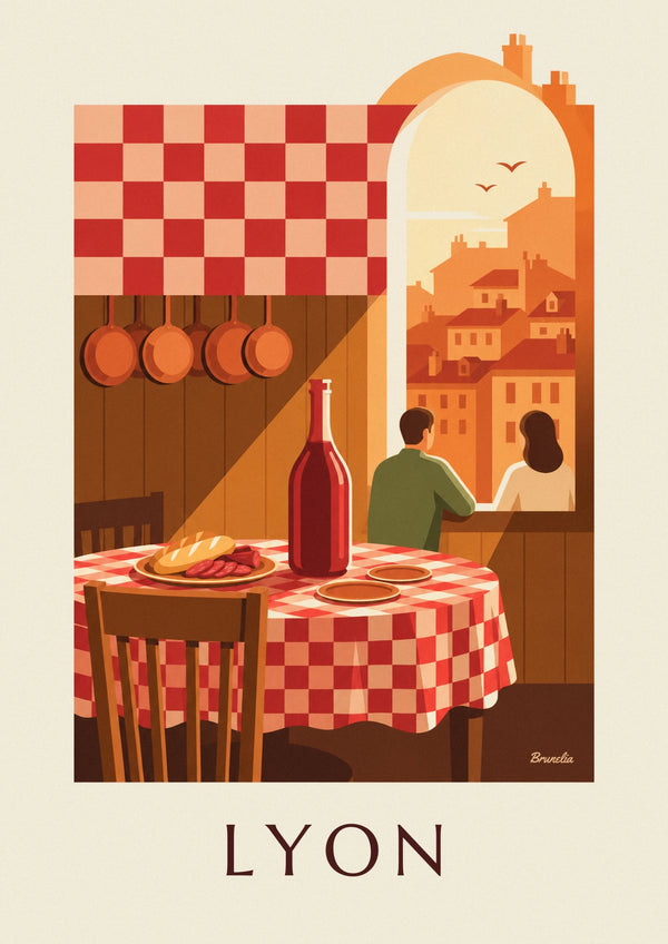 Affiche bouchon lyonnais, nappe à carreaux et pot de vin