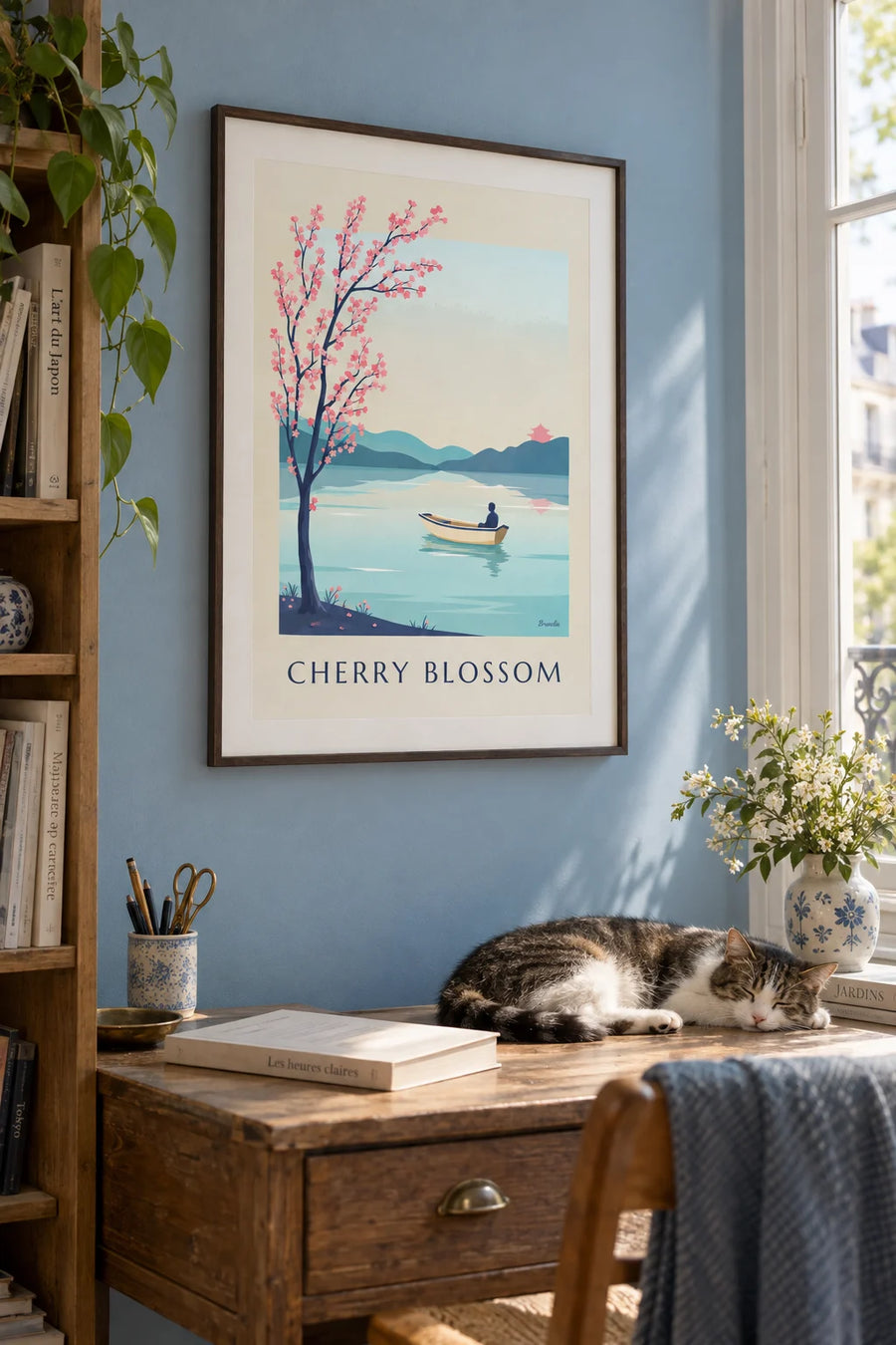 Cherry blossom branch over a Japanese lake poster: framed on the wall