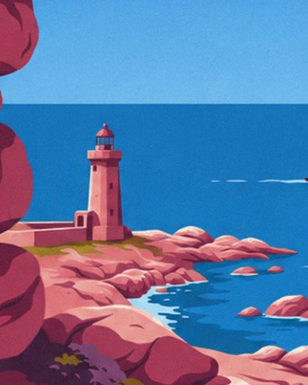 The pink lighthouse on its rocky headland, facing the blue sea