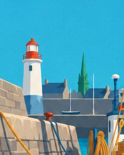 The white and red lighthouse, blue roofs and green church tower behind the quay
