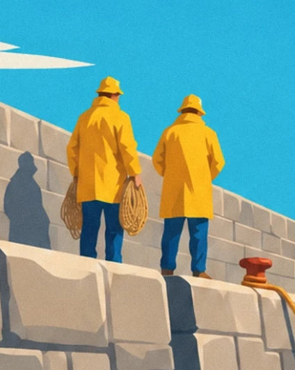 The 2 fishermen in yellow oilskins on the granite quay, holding ropes