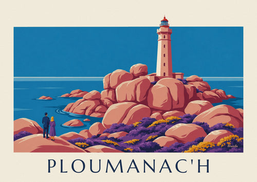 Affiche phare de Mean Ruz sur le granit rose de Ploumanac'h : l'affiche entière