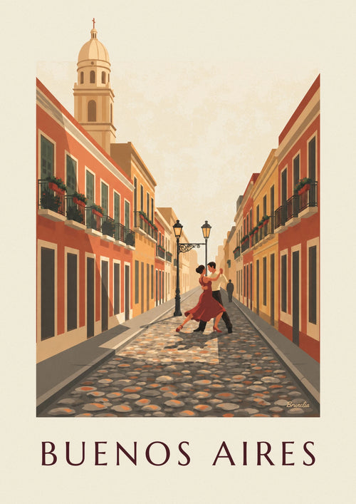 Affiche rue pavée de San Telmo à Buenos Aires et danseurs de tango : l'affiche entière