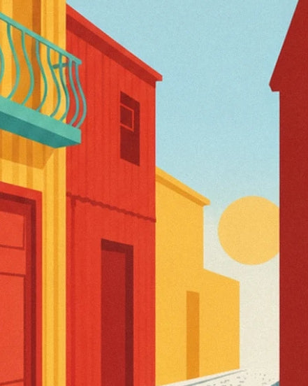 The red and yellow houses along the alley, a green balcony and the setting sun