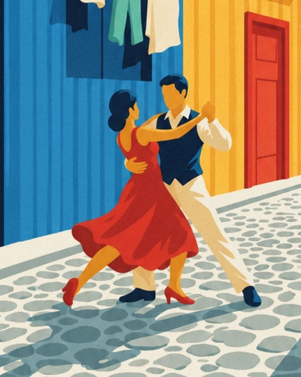 The tango couple in a red dress and navy waistcoat on the cobbles of La Boca
