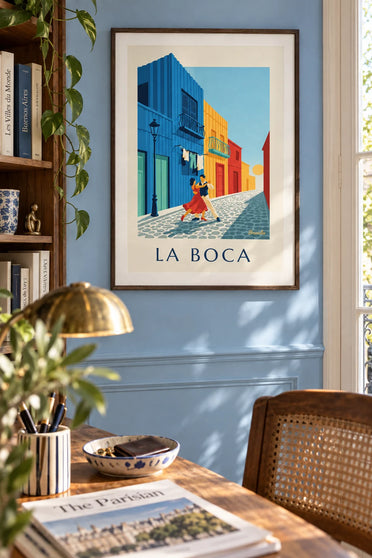 Plakat med tangopar foran de farverige huse i La Boca, indrammet på væggen