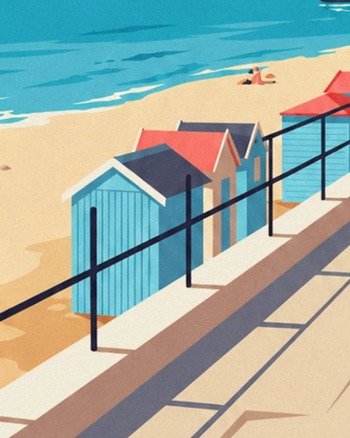 Blue beach huts with red and grey roofs behind the black railing